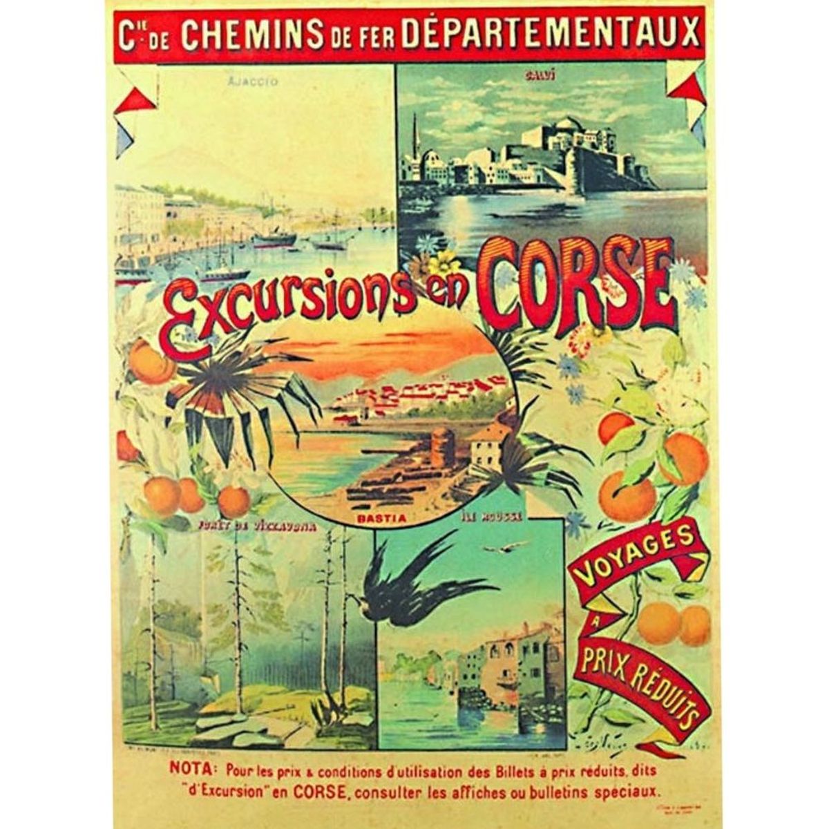 Reproduction affiche publicitaire ancienne Corse Excursions