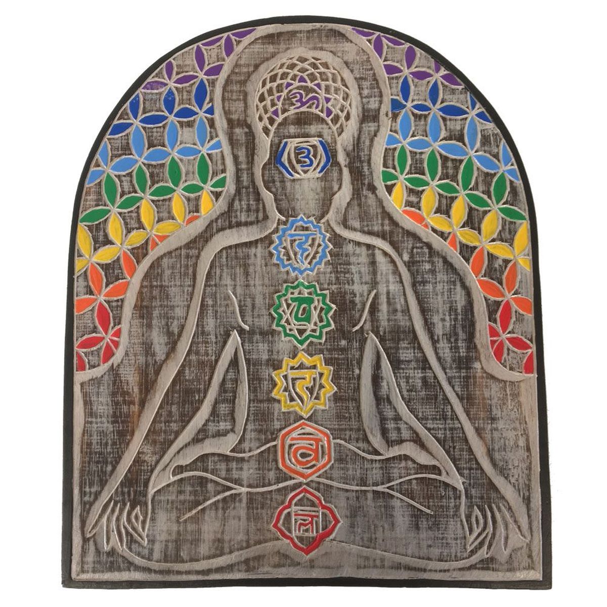 Plaque de bois Sukhasana Chakras et Fleur de vie forme Claveau