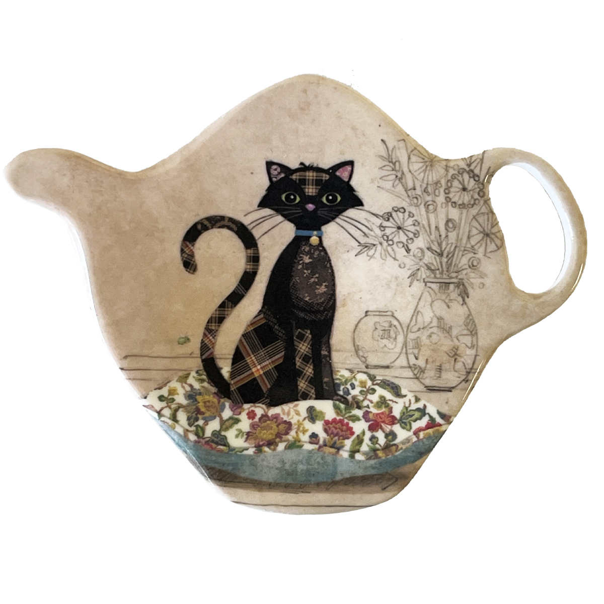 Repose sachet de th en mlamine - Chat sur coussin  fleurs