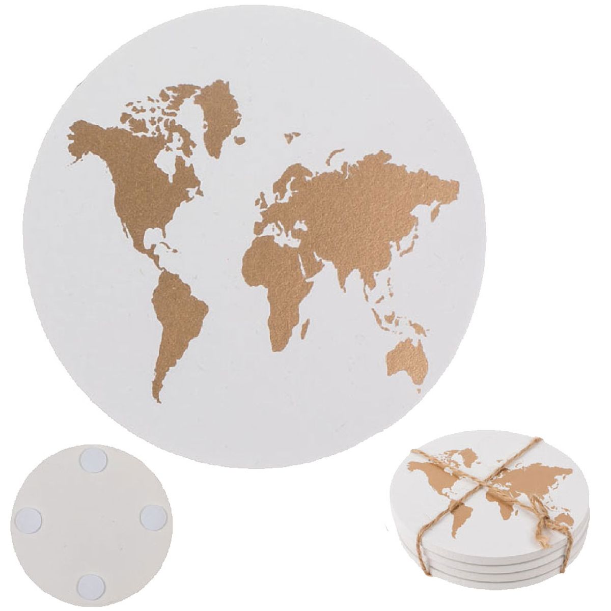 Set de 4 dessous de verres Mappemonde Blanc et Or