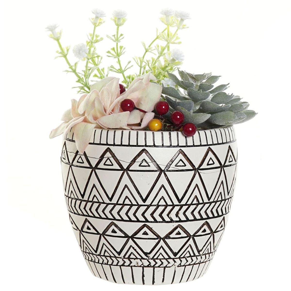 Cache-pot garni blanc tribal en rsine - Plante artificielle