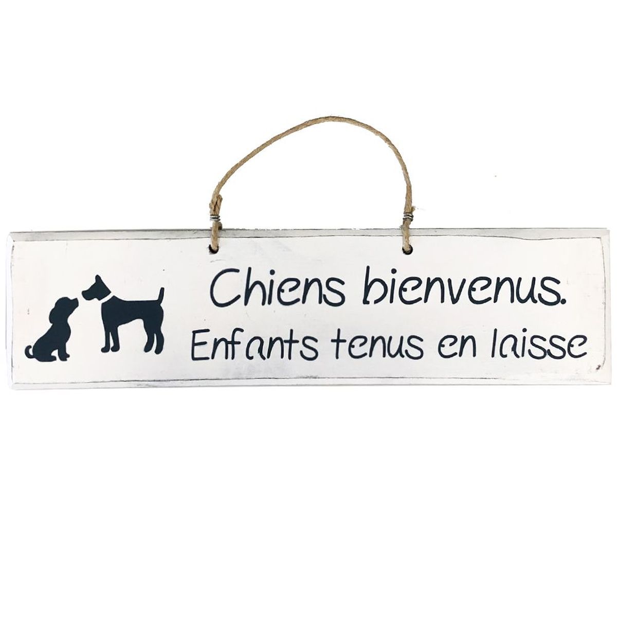 Pancarte en bois - Chiens bienvenus.  Enfants tenus en laisse