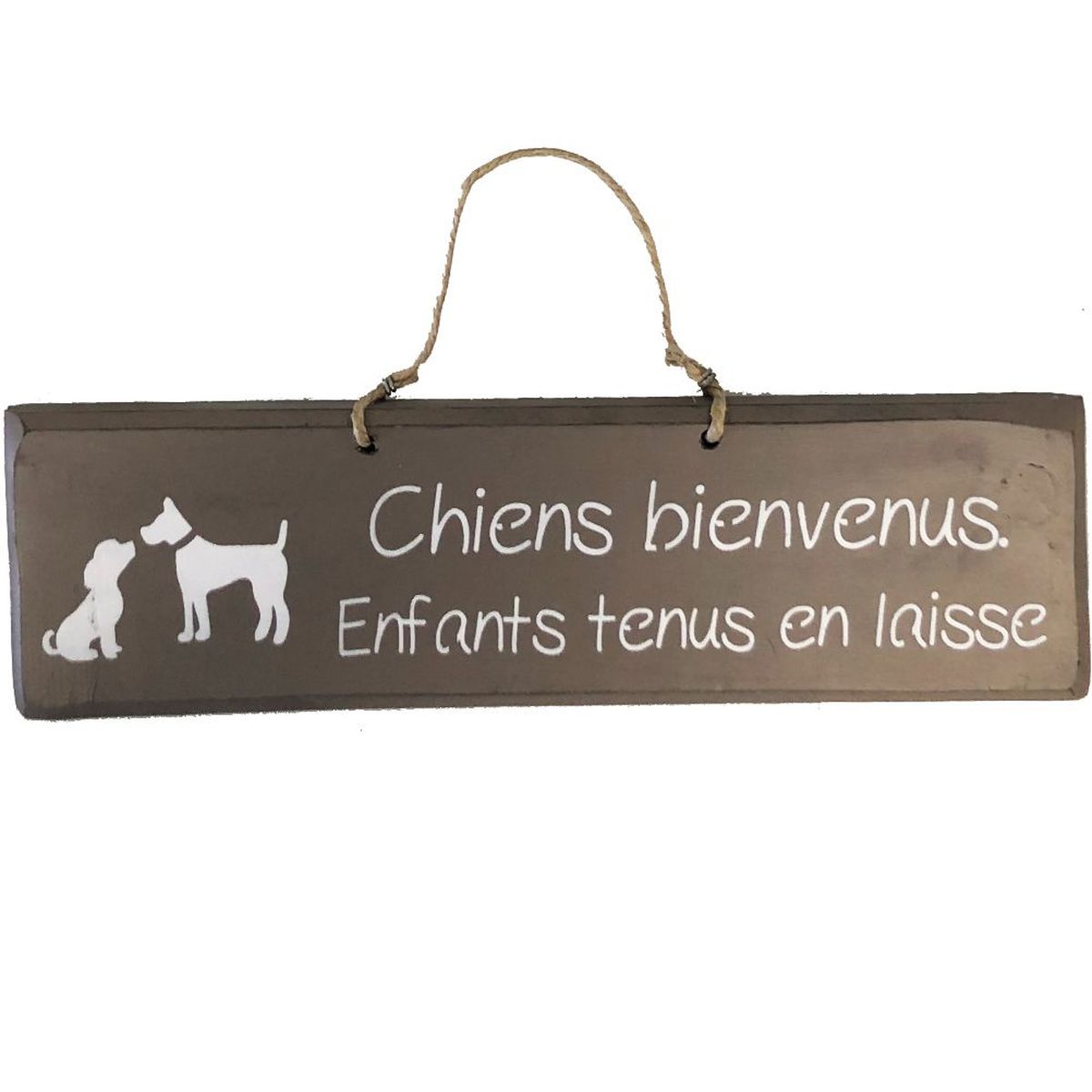 Pancarte en bois - Chiens bienvenus.  Enfants tenus en laisse