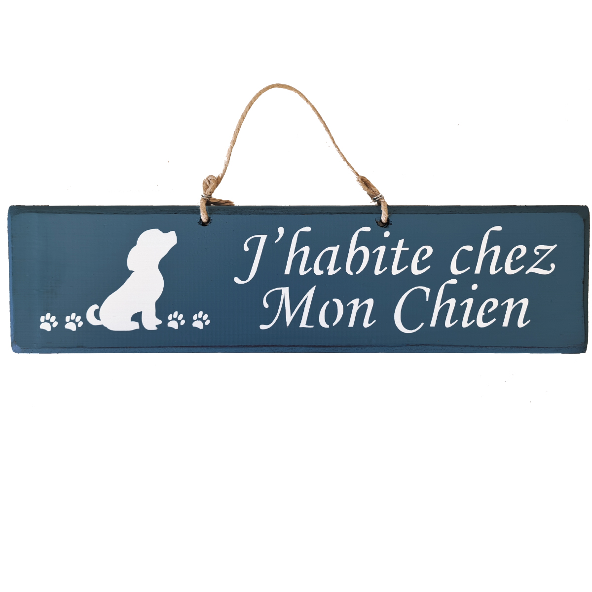 Pancarte en bois - J'habite chez Mon Chien - Bleu marine