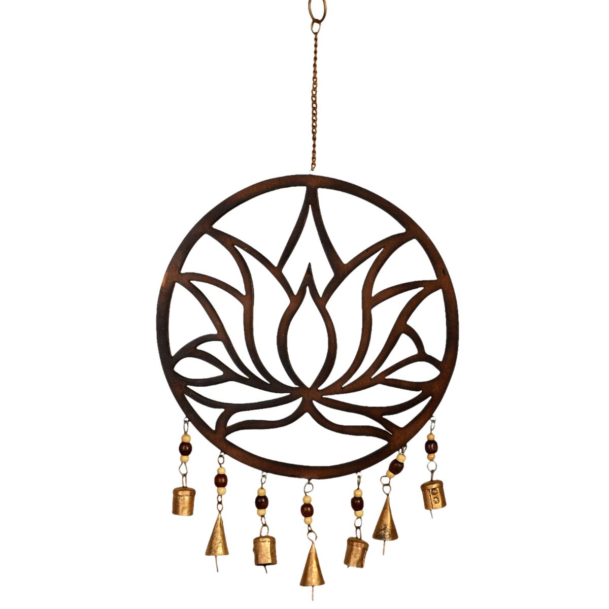 Suspension en bois Fleur de lotus  clochettes - 46 x 25 cm