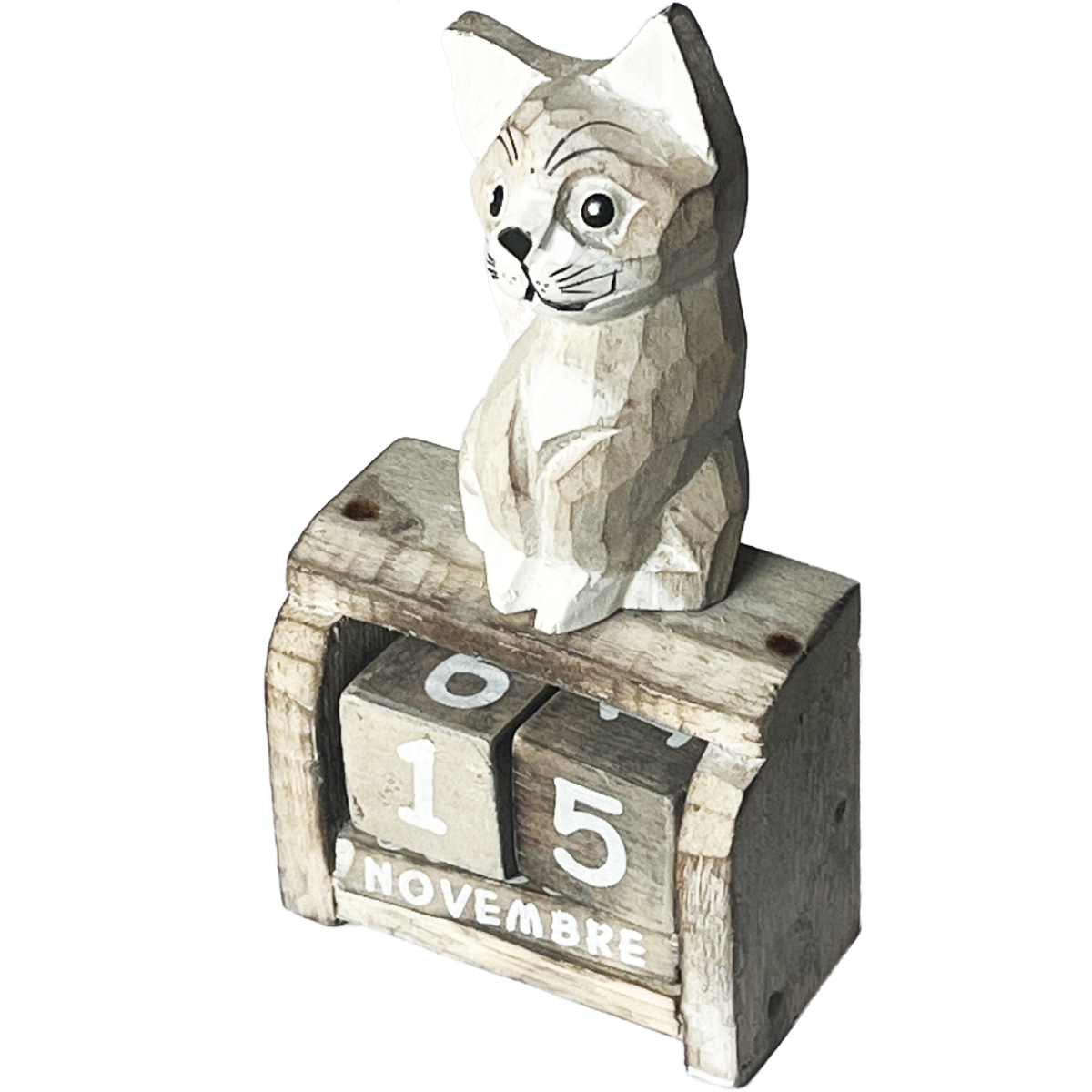 Calendrier perptuel artisanal chat beige en bois