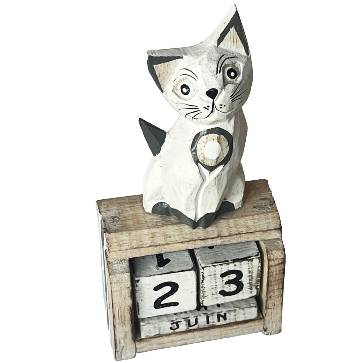 Calendrier perptuel artisanal chat Blanc en bois