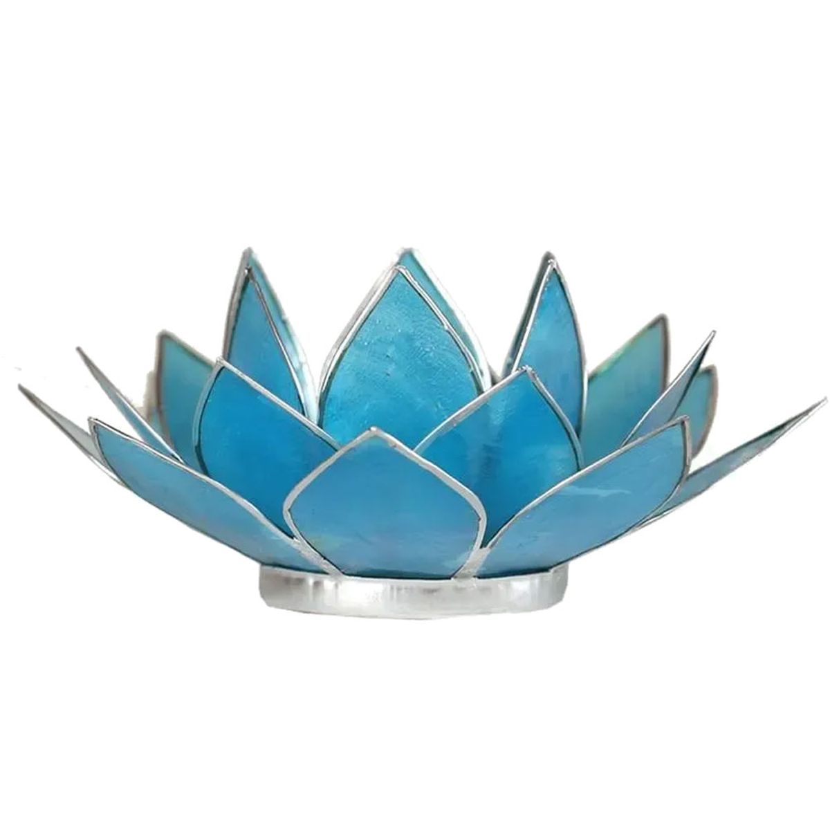 Photophore Fleur de Lotus bleu finition argente Chakra 5