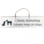 Pancarte en bois - Chiens bienvenus.  Enfants tenus en laisse