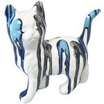 Statuette chat blanc en cramique finition bleu noir et argent